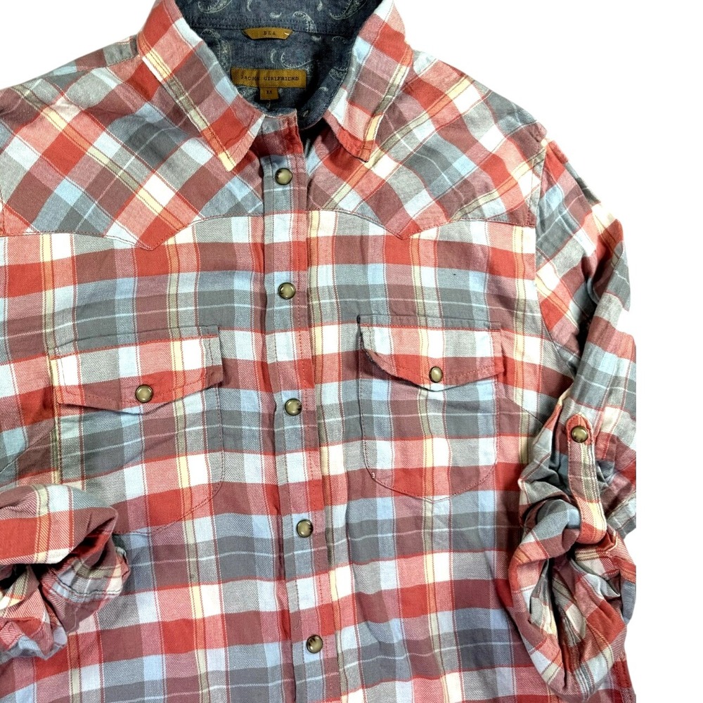 Jachs Girlfriend Flannel Pearl Snap Women M Cowgirl Plaid Bea Shirt‎ Roll Tab
